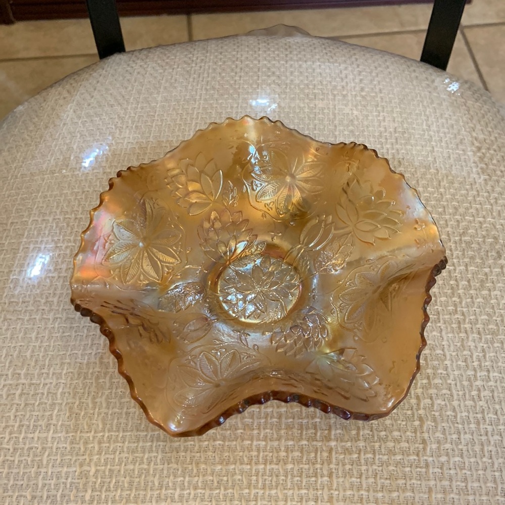 Carnival glass Vintage candy dish 6” iridescent‎ gold color